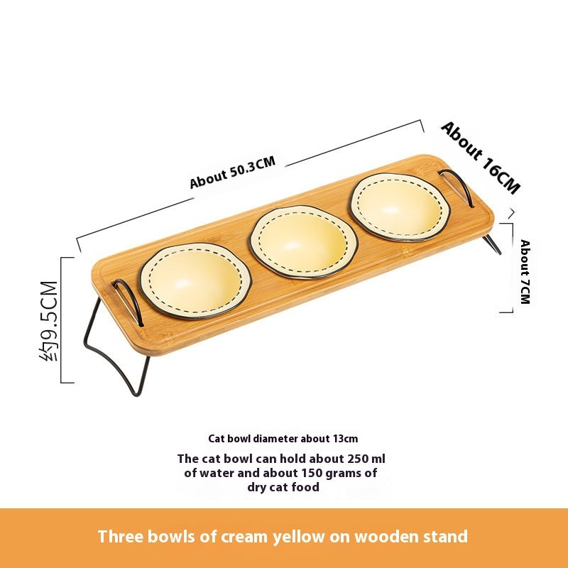 Pet Wooden Rack Multi-functional Ceramic Cat Bowl Anti-tumble Water Feeding Oblique Mouth Easy To Clean