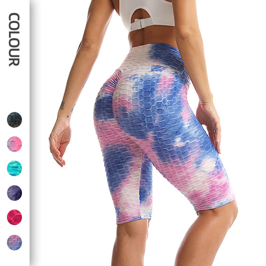 Europæiske og amerikanske blækjacquard tie-dye bubble korte yogabukser til fitness og træning