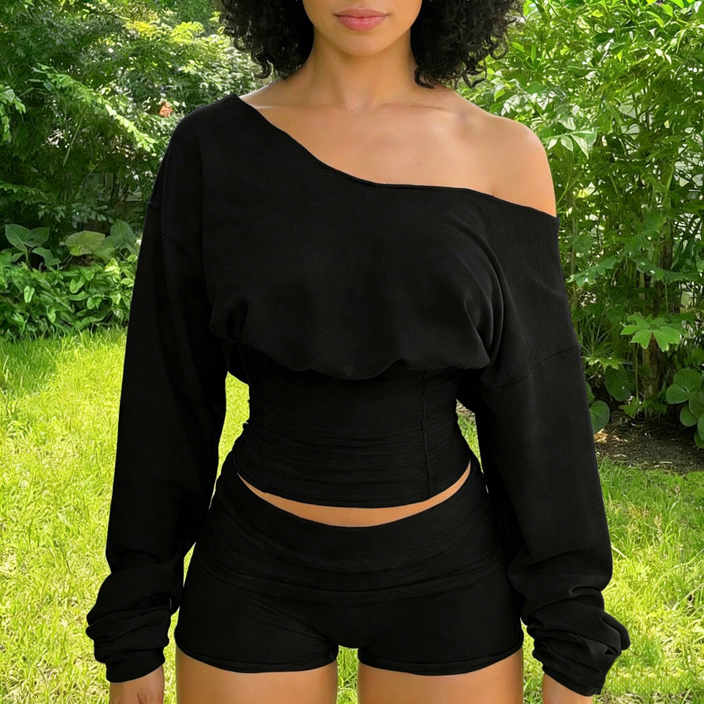 Womens Fashionable Simple Casual Off-Shoulder Long-Sleeve Set