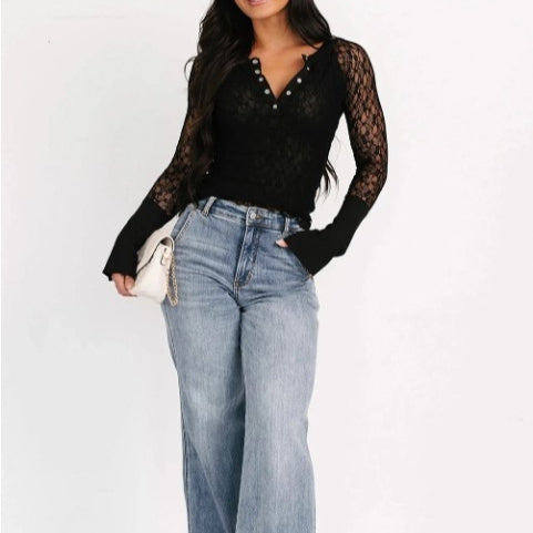 Black Transparent Lace Long Sleeve Slim Fit Henley Top