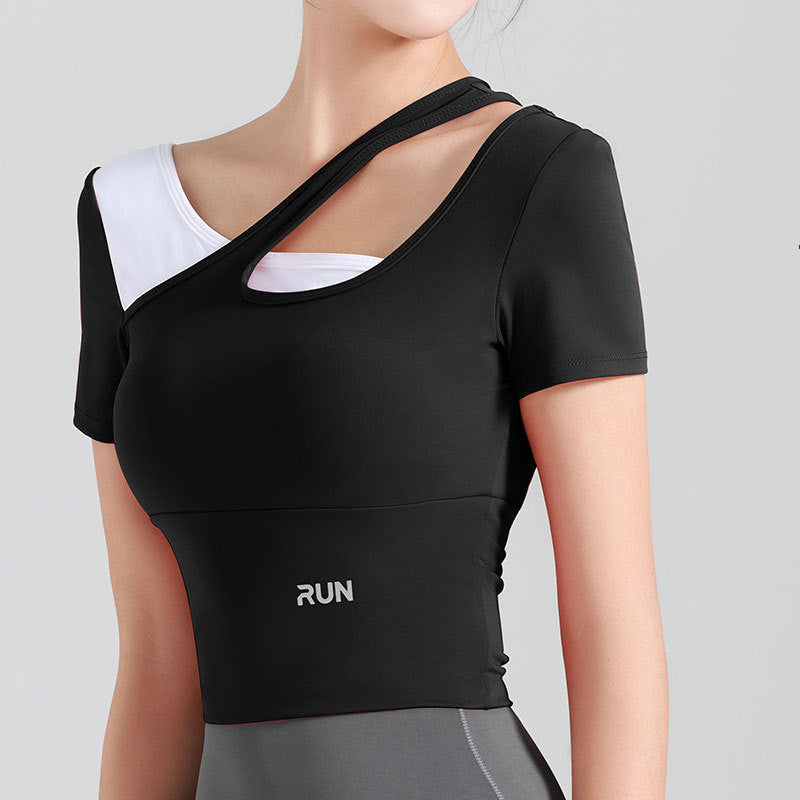 Peach Slanted Shoulder Color Matching Yoga Short-sleeved