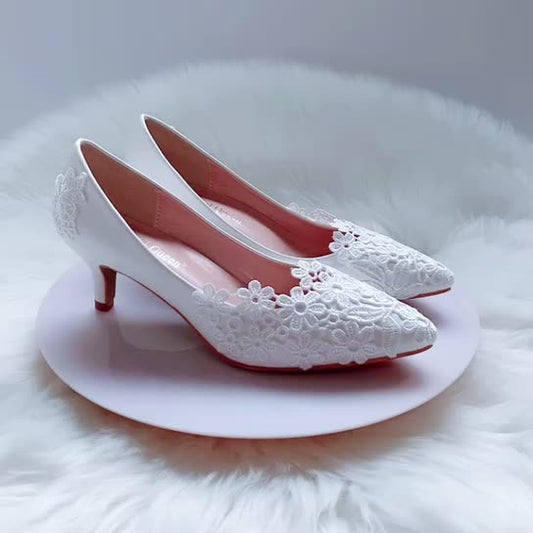 Elegant Simple Lace Flower Wedding Shoes White 5cm High Heel Bridal Shoes