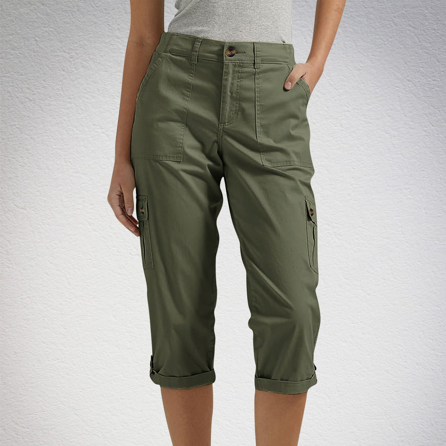 Solid-color Casual Cropped Pants With Multiple Pockets