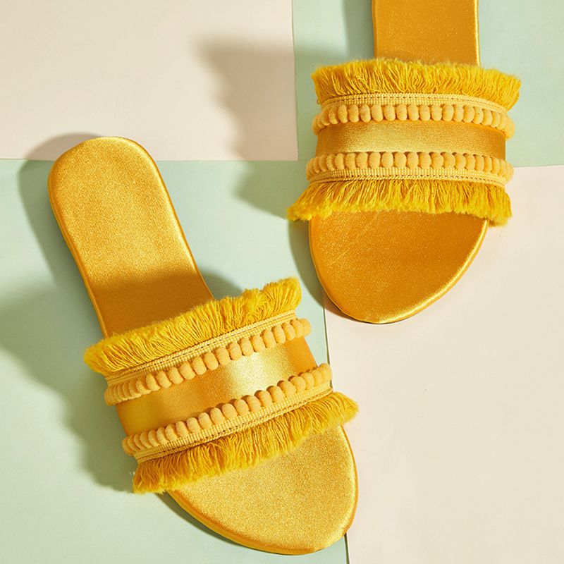 Summer New Foreign Trade Large Size Women's Shoes Flat Bottom Tassel Outer Wear Slippers
