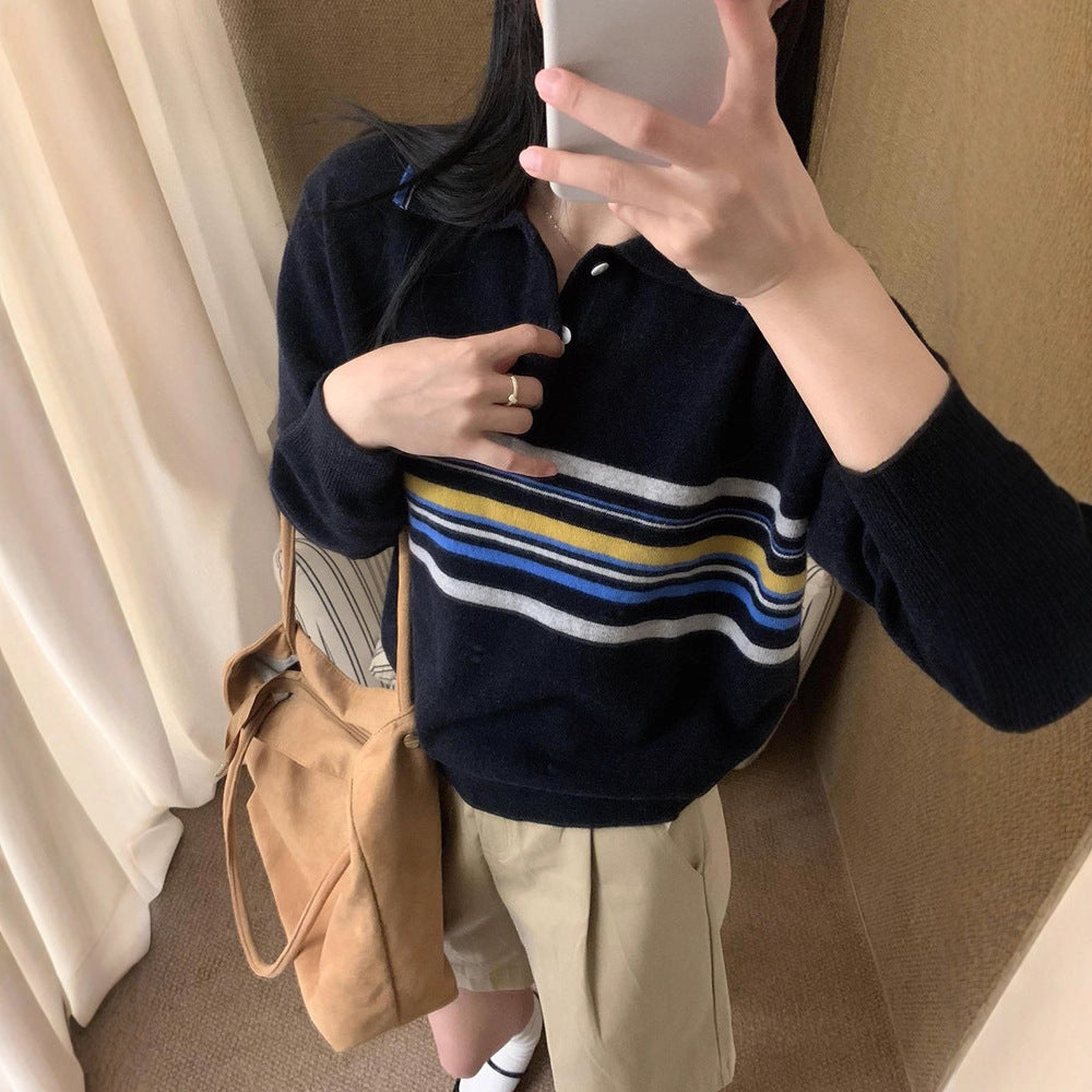 Striped Polo Collar Pullover Women's Loose Sweater