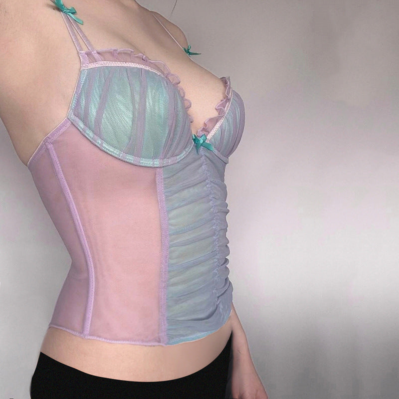 Pure Desire Mesh Stitching Contrast Color Bow Small Sling Vest