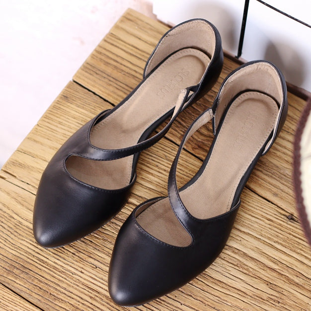 Women's Pointed Toe Slanted Flat Hollow Vintage Leather Sandals