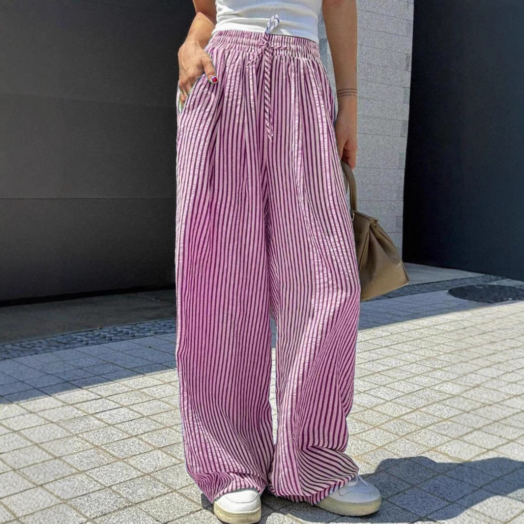 Women's High Waist Loose Casual Striped Straight-leg Pants