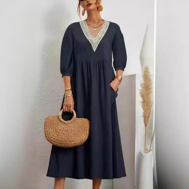 Solid-color Lantern-sleeve Loose Lace Dress