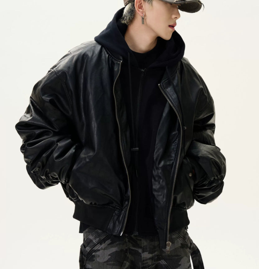 Fake Two-Piece Stitched Hooded Thickened PU Leather Padded Jacket Coat