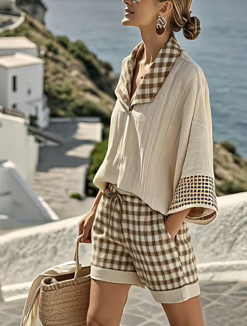Women's Casual Loose Plaid Shorts Set