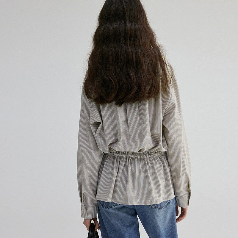V-neck Waist-cinching Striped Loose Shirt For Women
