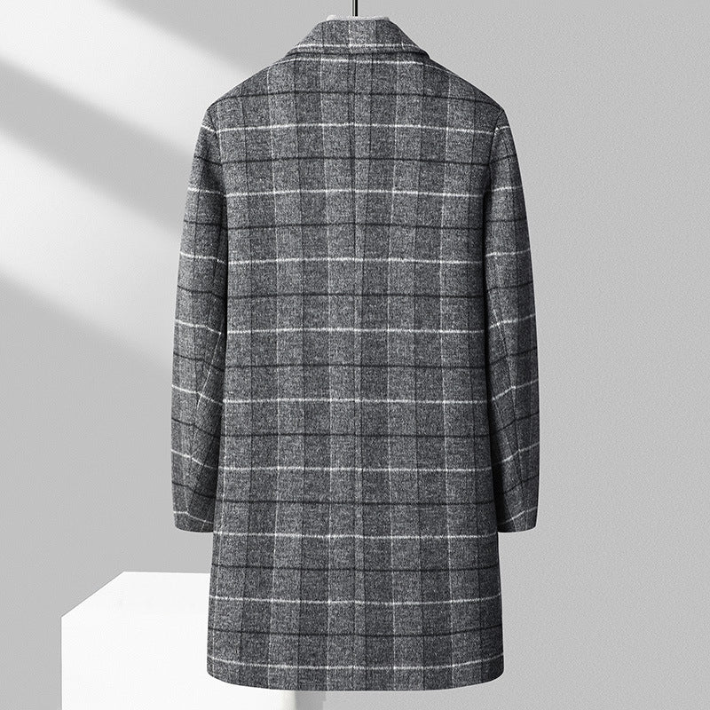 Autumn And Winter Woolen Coat Men's Mid-length Business Casual Plaid Cotton And Thickening Woolen Coat