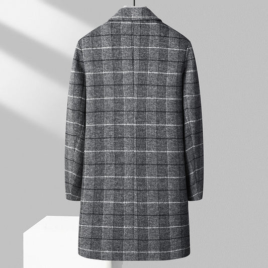 Autumn And Winter Woolen Coat Men's Mid-length Business Casual Plaid Cotton And Thickening Woolen Coat