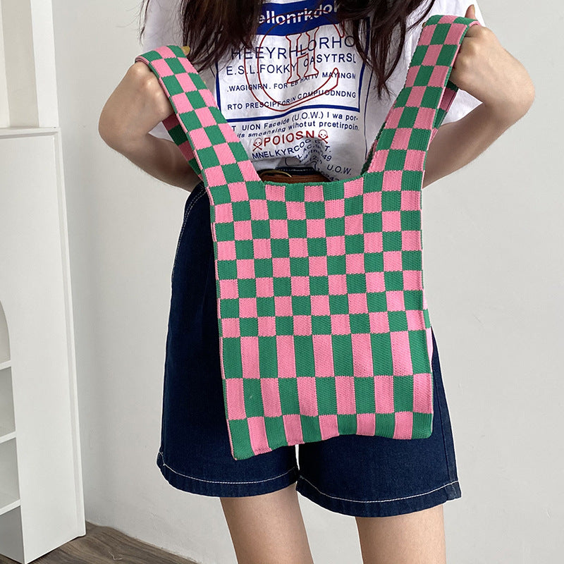 Checked Knitted Handbag With Convenient Hand Bag