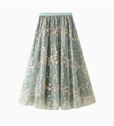 High Waisted Slim Mid Length Westernized Drape Yarn A-line Skirt