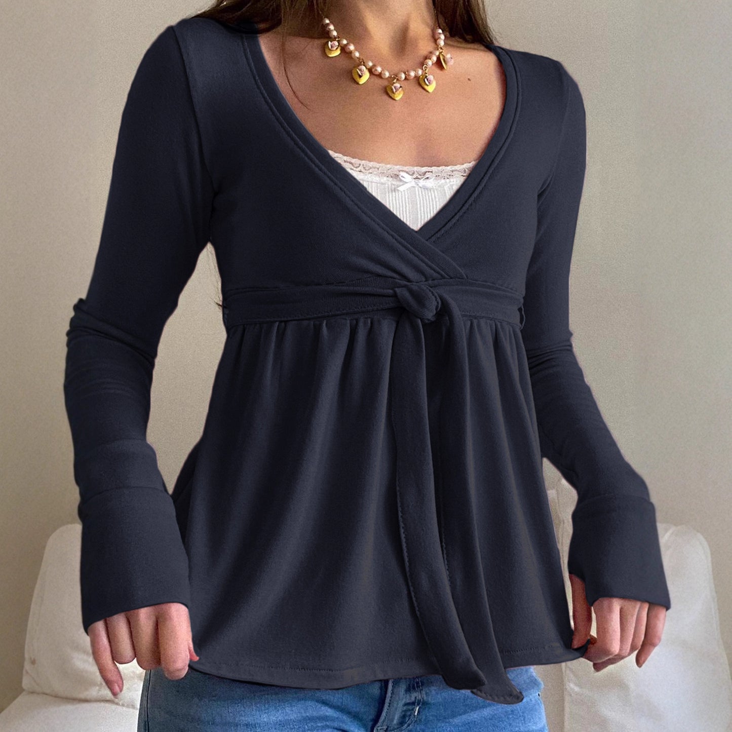 Cross-neck Tie-up Ruffled Loose-fit Lace Bow Long Sleeve
