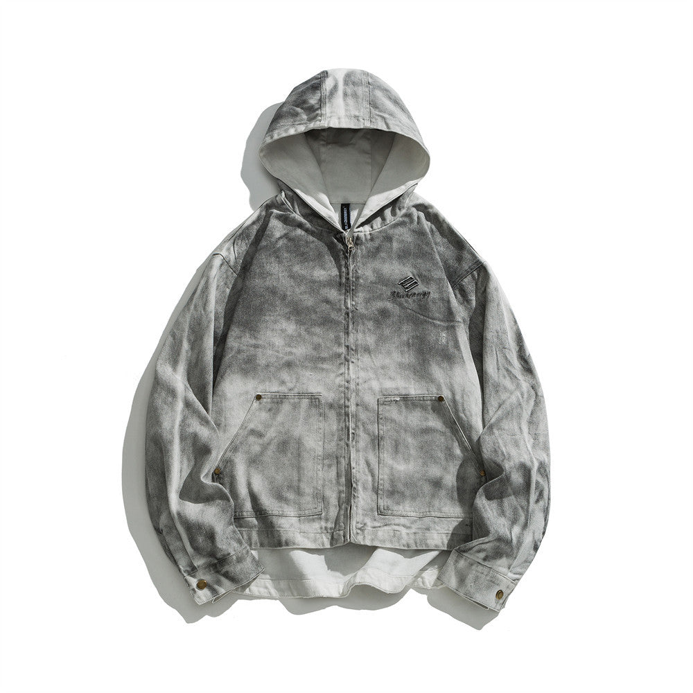 Waste Soil Wind Ripped Distressed Dirty Denim Hooded Jacket
