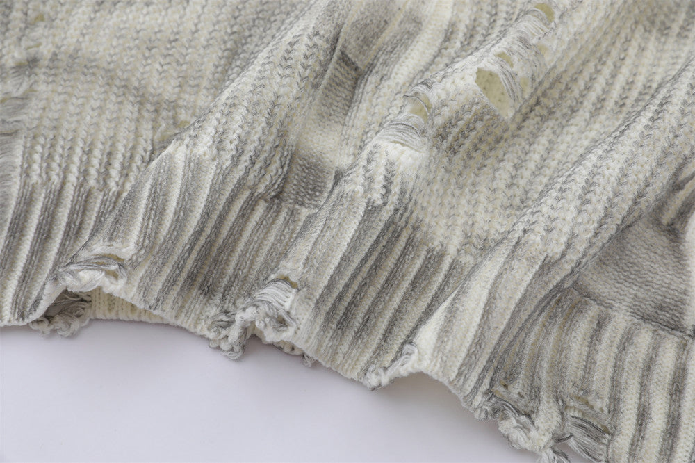 Distressed Dirty Round Neck Men's Spring And Autumn Sunken Stripe Twist Crocheted Ripped Pullover Sweater