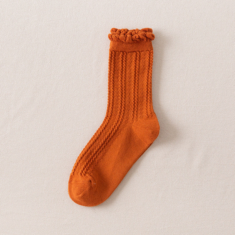 Autumn Japanese Solid Color Ins Lace Bubble Cotton Breathable Mid-calf Socks