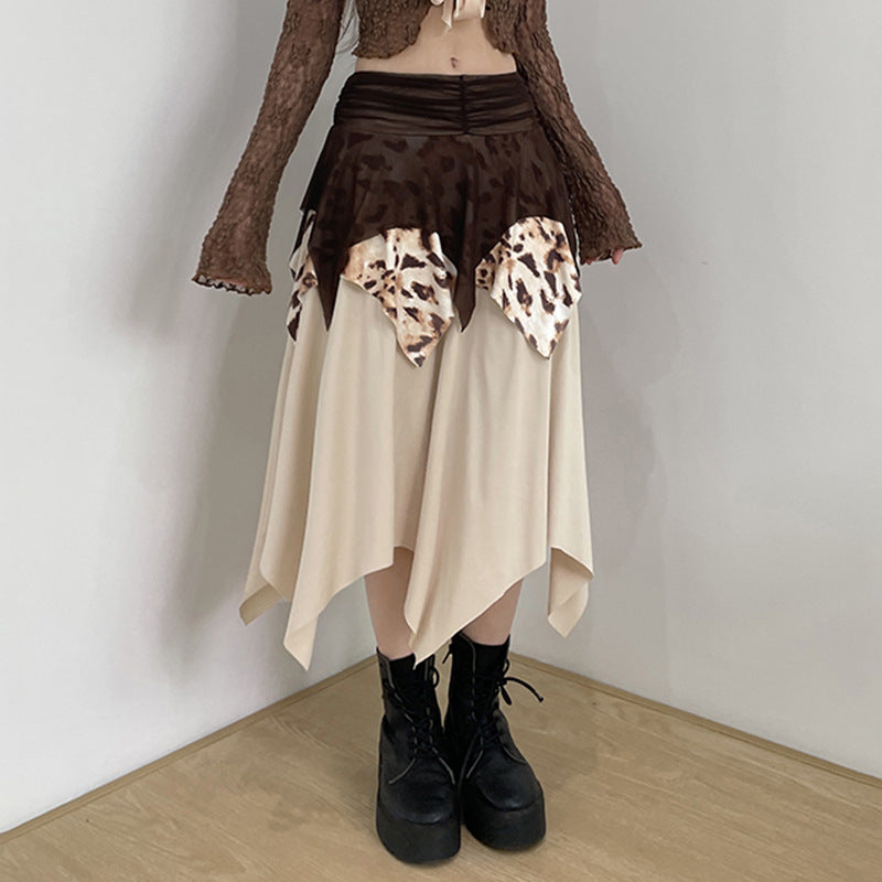 Leopard Print Mesh Stitching Irregular Skirt Hot Girl Pleated High Waist