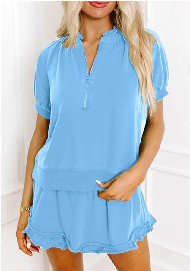 Womens Casual Zippered Fashion Solid-Color Short-Sleeve Two-Piece Set