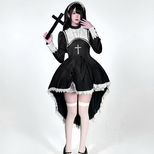Dark-style Embroidered Halloween Nun Costume For Cosplay Performances