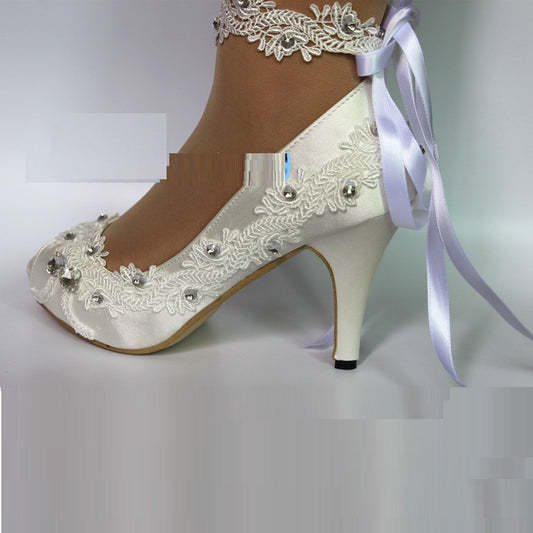 Fish Mouth Lace Silk Satin Bridesmaid Strappy Rhinestone Women's Shoes