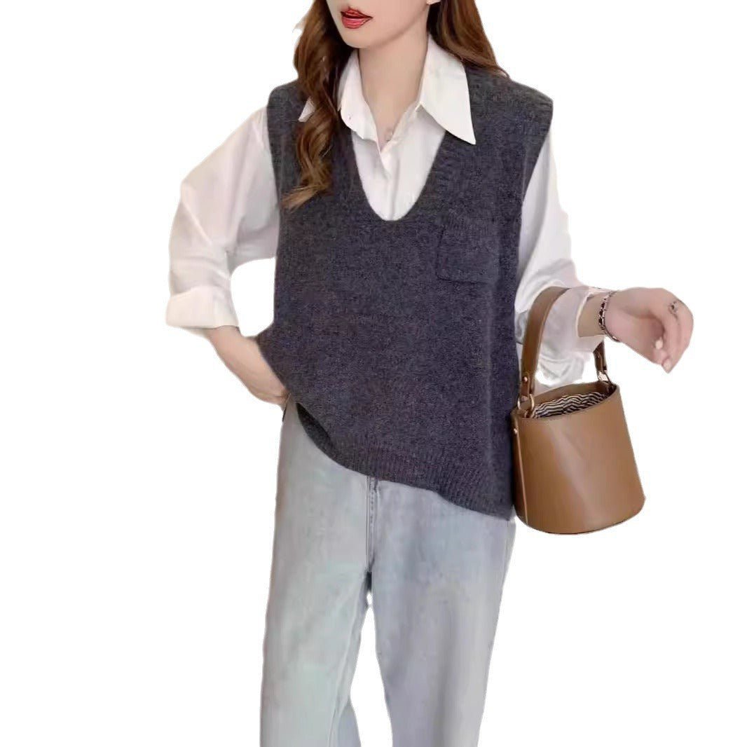 Casual  Girly Style Pocket V-neck Sleeveless Vest