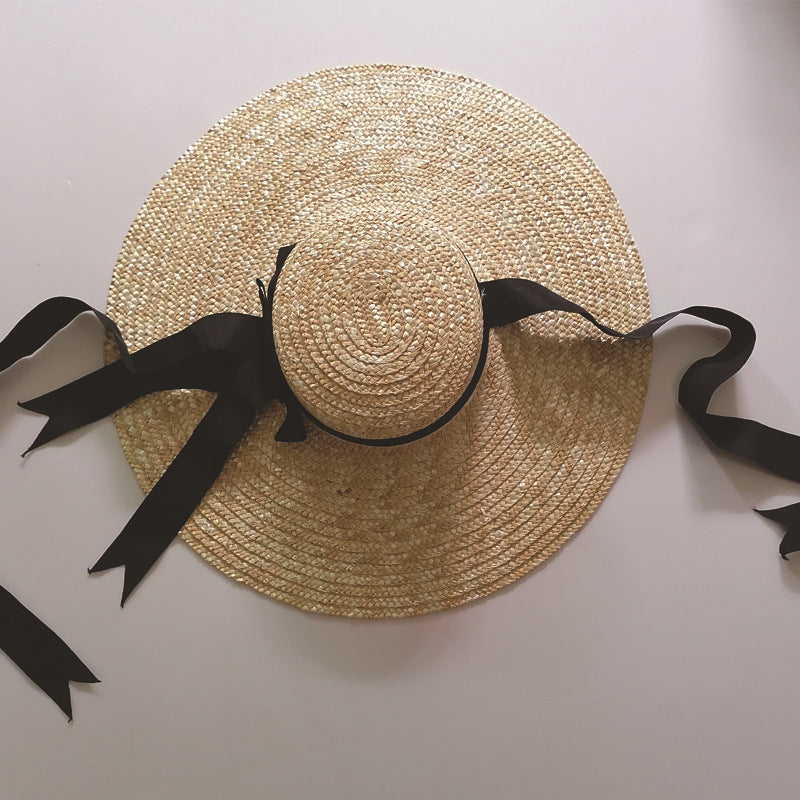 Big Brim Ribbon Bow Flat Top Straw Hat
