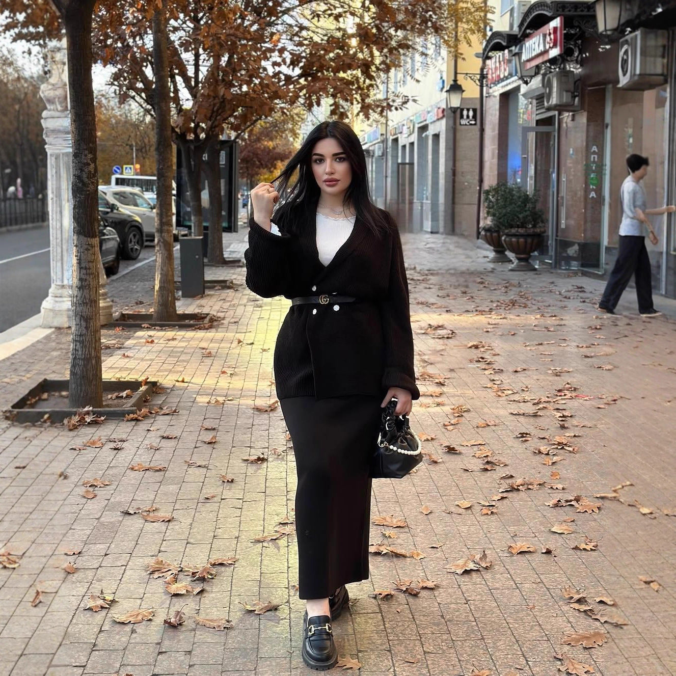 New Double-breasted Button Sweater Jacket And Sheath Skirt Set