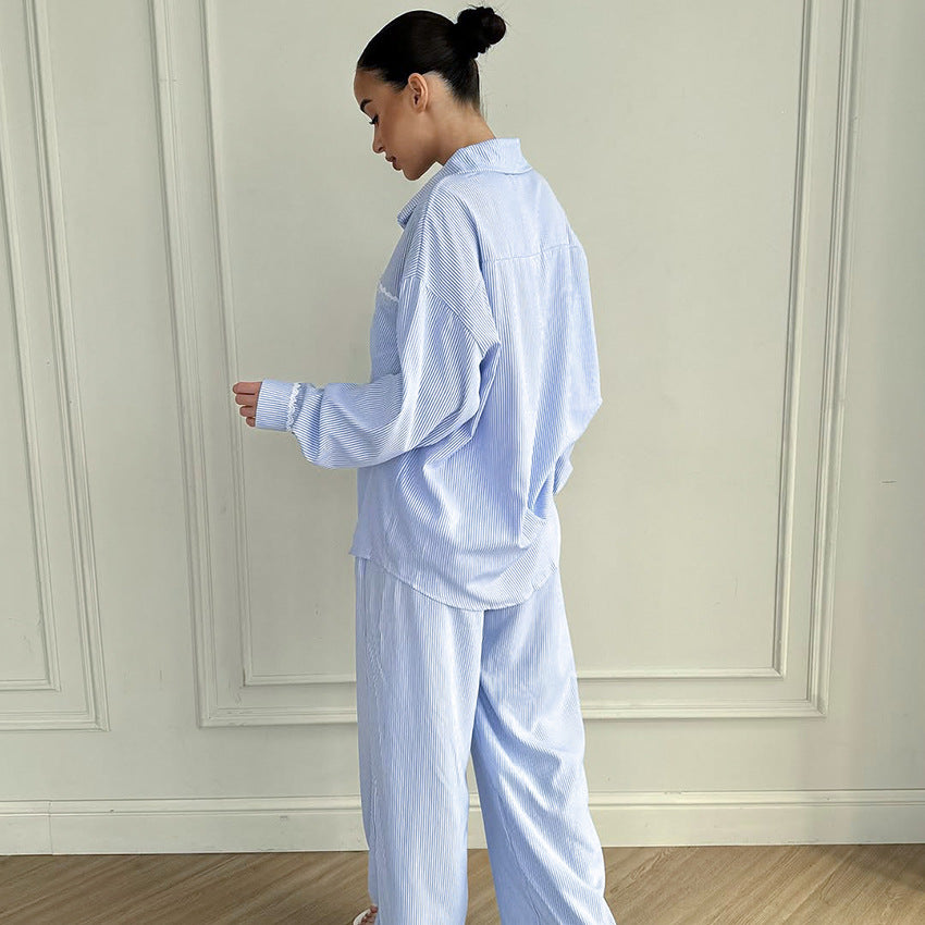 Womens Comfortable Striped Pajama Set With Long Sleeves And Long Pants