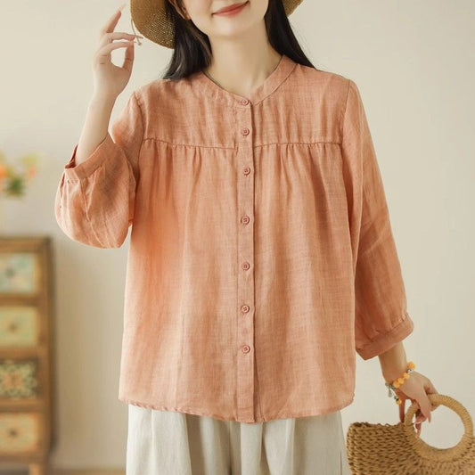 Simple Style Elegant Cotton And Linen Three-quarter Sleeve Stand Collar Shirt For Women
