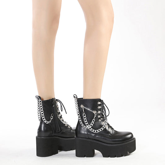 Mid-calf Boots With Metal Chains Western Style