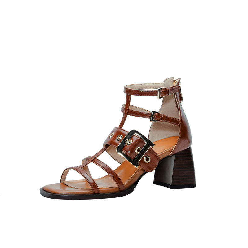 Vintage Women's Leather Wood Grain Chunky Heel Square Toe Hollow Boots