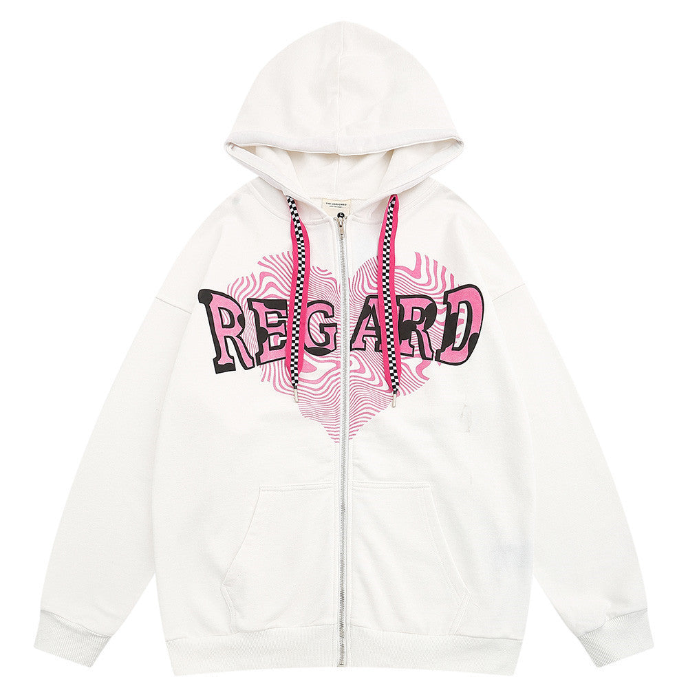 Heart Letter Print Niche Hooded Cardigan