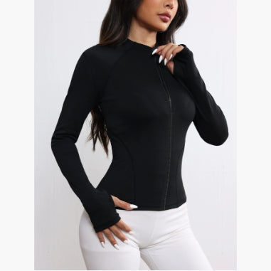 Women's Stand Collar Zipper Cardigan Breathable Tight Long Sleeve Top