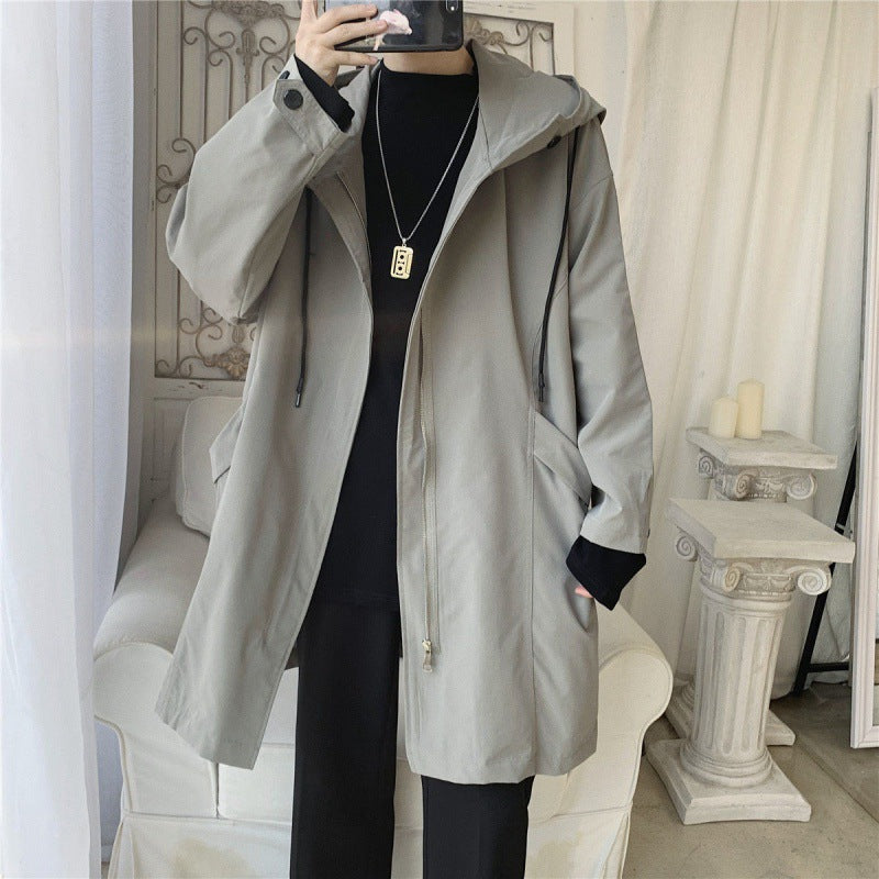 Hong Kong Style Casual Windbreaker Men's Mid-length Hooded Jacket