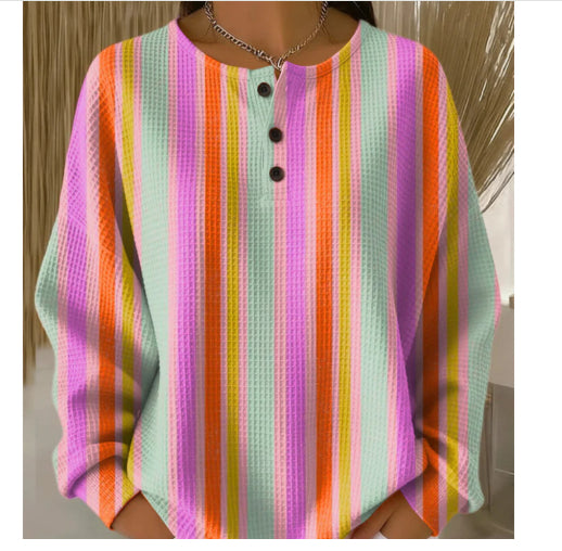 Womens Retro Printed Three-Button Stand-Up Collar Sweatshirt Top
