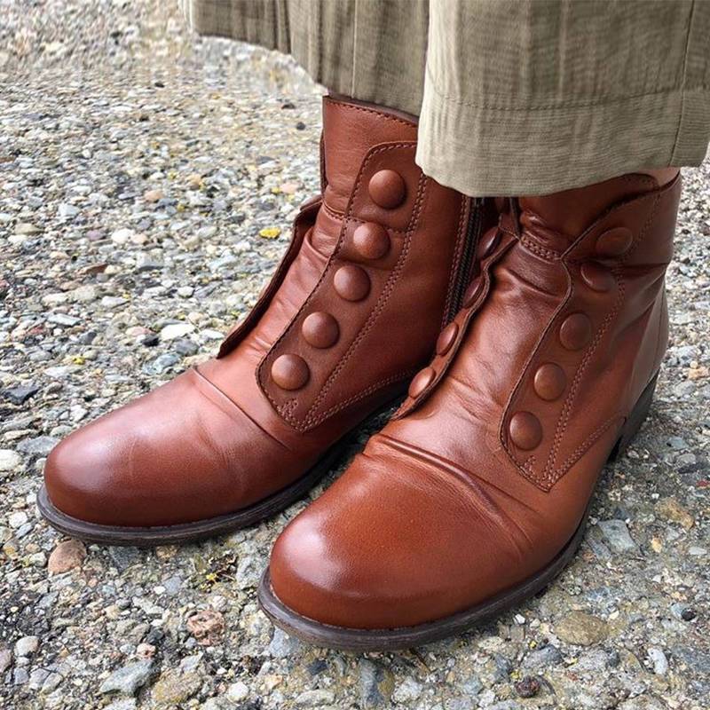 Low Heel Short Side Zip Button Motorcycle Boots