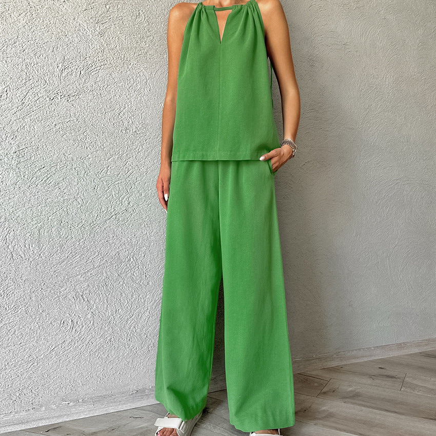 Khaki Cotton-Linen Hollowed-Out Lace-Up Sleeveless Halter Vest And Wide-Leg Pants Set