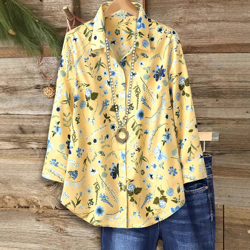 Elegant og moderigtig langærmet bluse med print til kvinder i Europa og Amerika