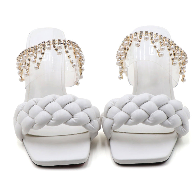 Black Chunky Woven One-line High-heeled Sandals