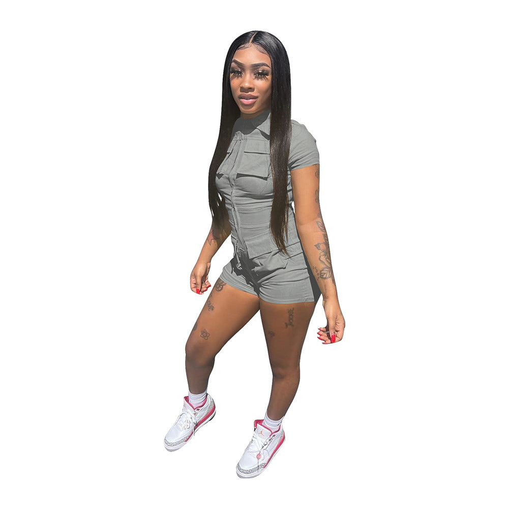 Women's Fashion Zipper Pocket Solid Color Work Jumpsuit