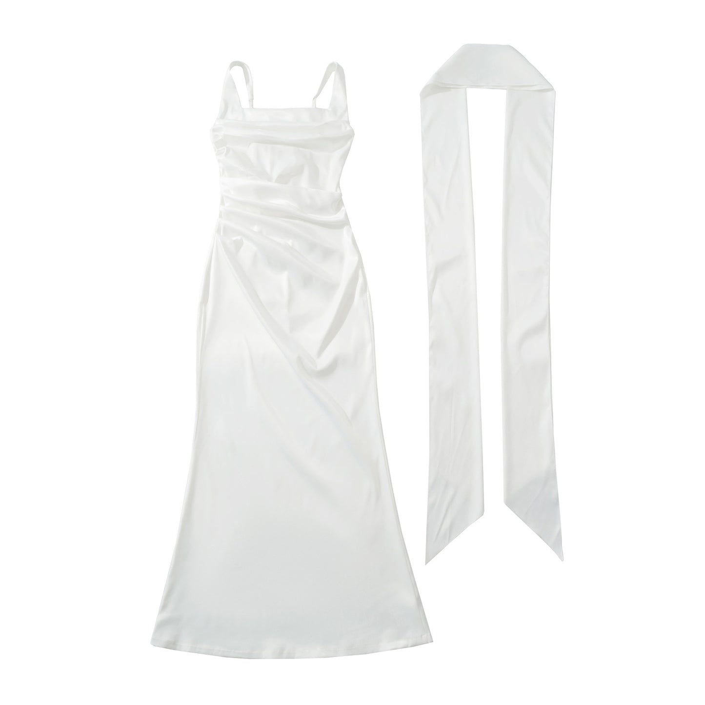 Square Neckline Collarbone-baring Strapless Figure-hugging Pleated Waist-cinching Sheath Skirt