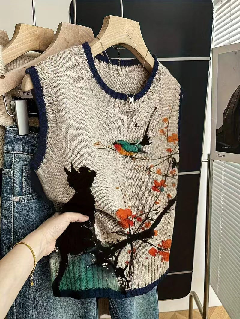 Sleeveless Vest For Women Early Spring Retro Color-block Knit