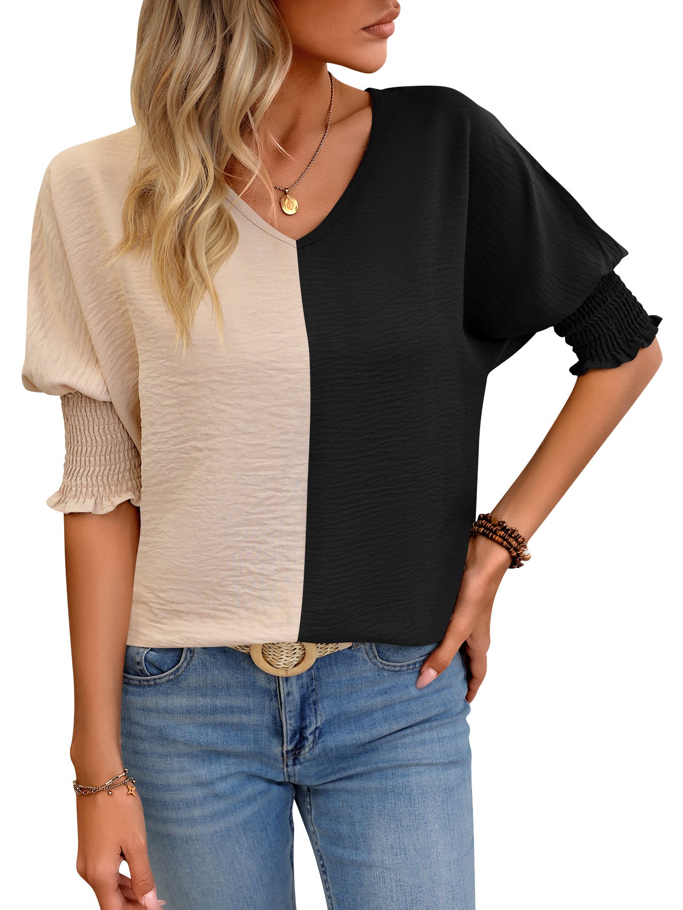 V-hals Løs Smock Batwing-ærme Farvematchende Top