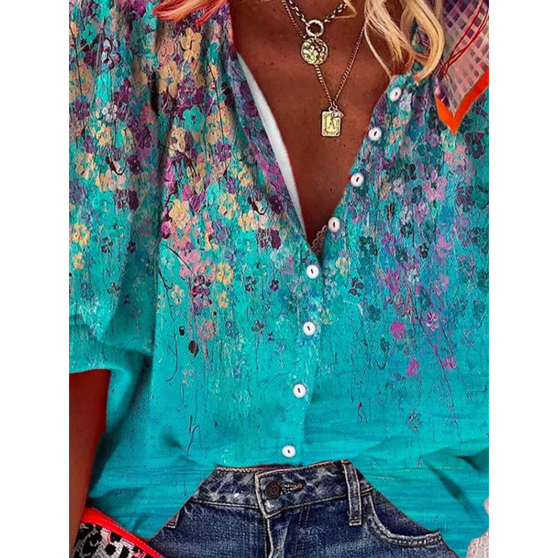 Floral-print Long-sleeve Top Fashionable V-neck Blouse For Women 3D