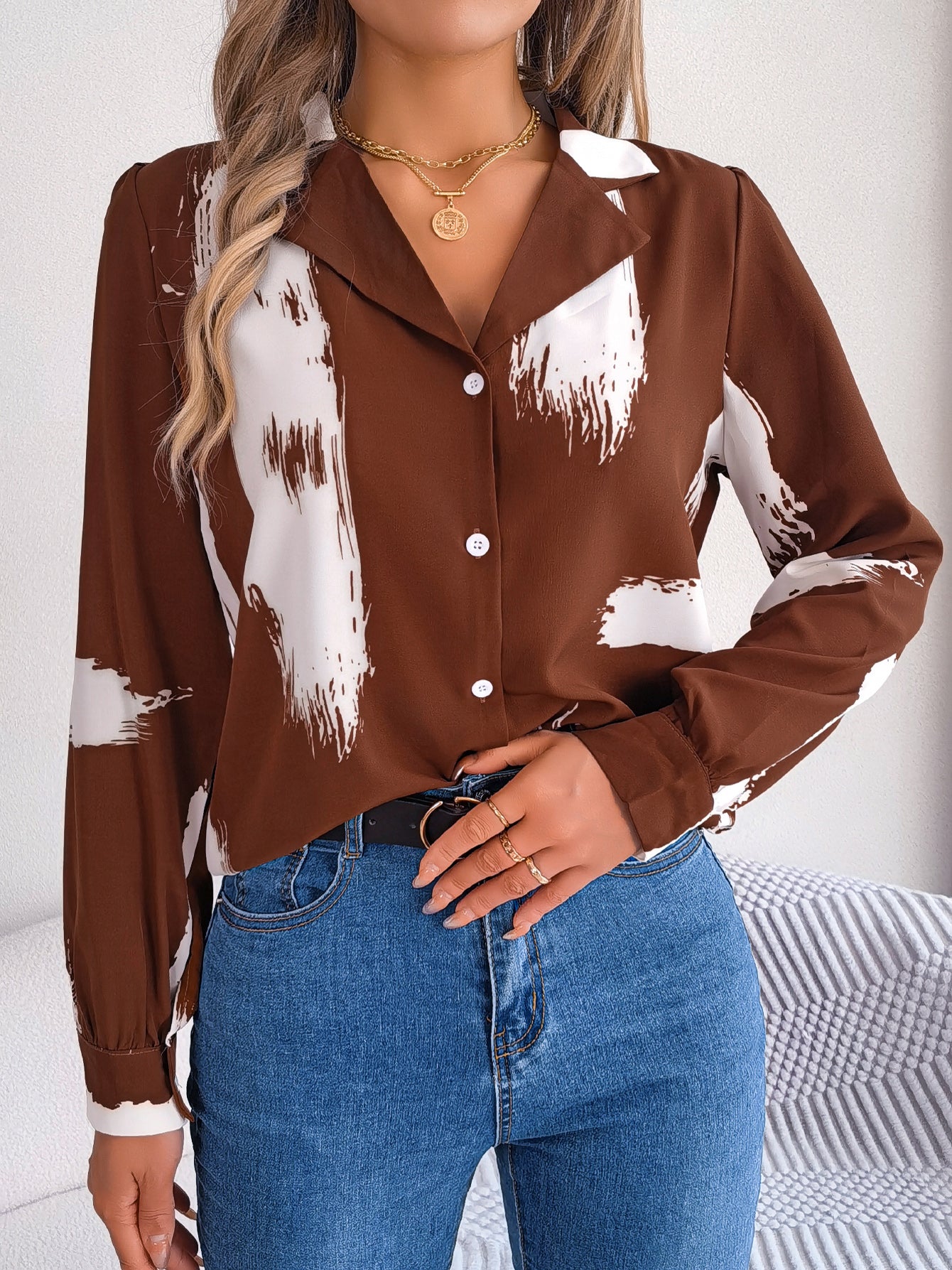 Women's Elegant Color Block Stripe Notched Lapel Long Sleeve Shirt