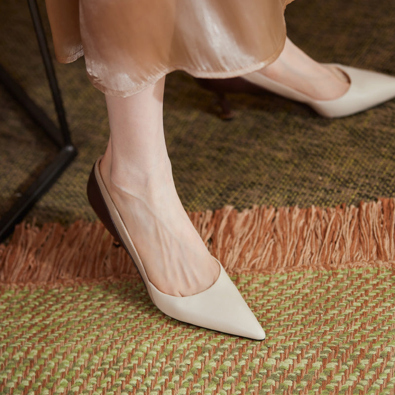 European And American Pointed High Heel Sandals Color-blocking Stiletto Heel Women's Shoes Inside And Outside Leather Commute Style Party Shoes